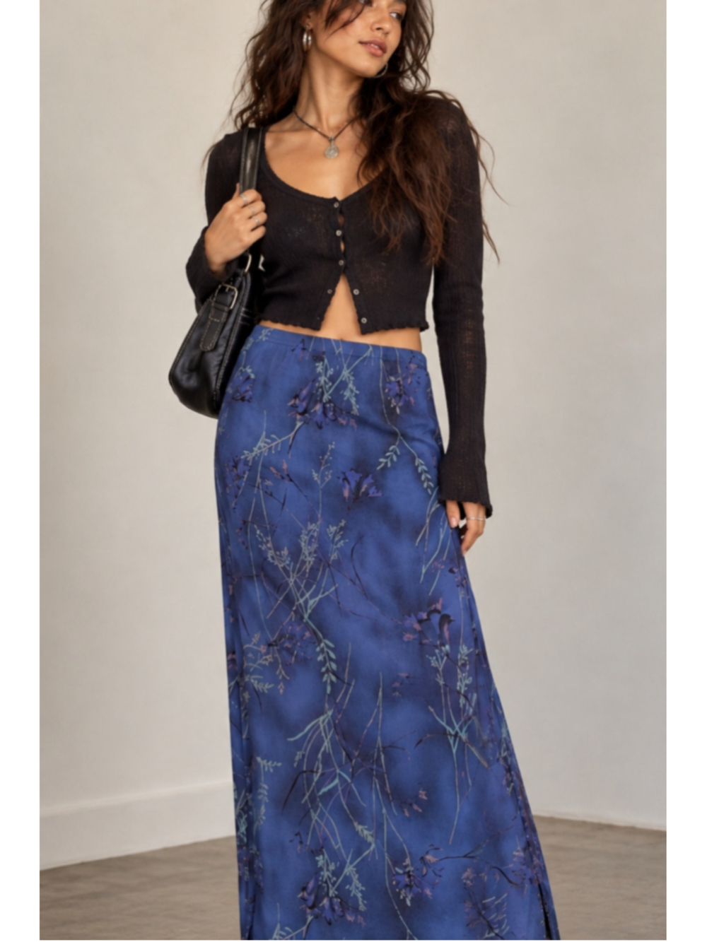 Vintage 90s Saint Tropez West Blue Floral Jersey Maxi Skirt - Size M (Made USA)